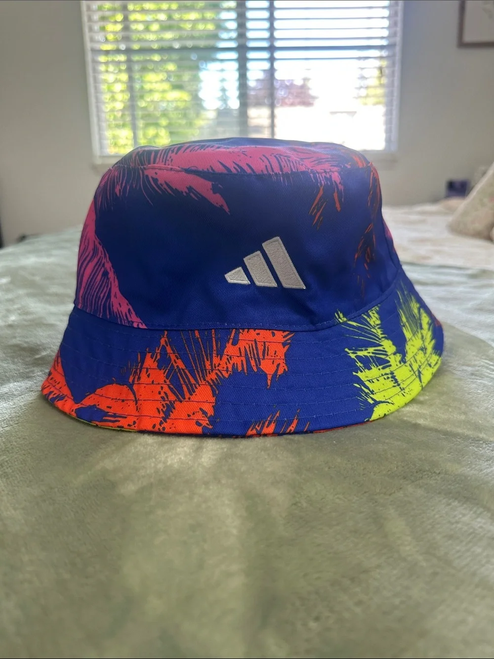 adidas Blue Bucket Hat with Neon Pink & Orange Palm Print
